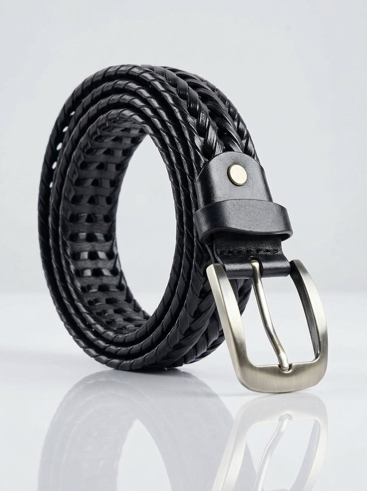 Beltora Black Braided Leather Belt for Men - Woven Metal Buckle