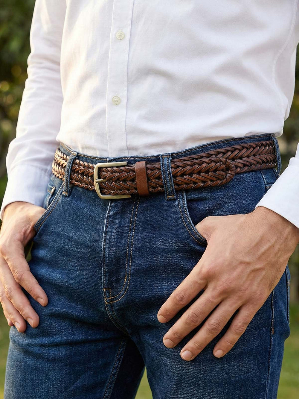 Beltora Light Brown Braided Leather Belt for Men - Woven Buckle