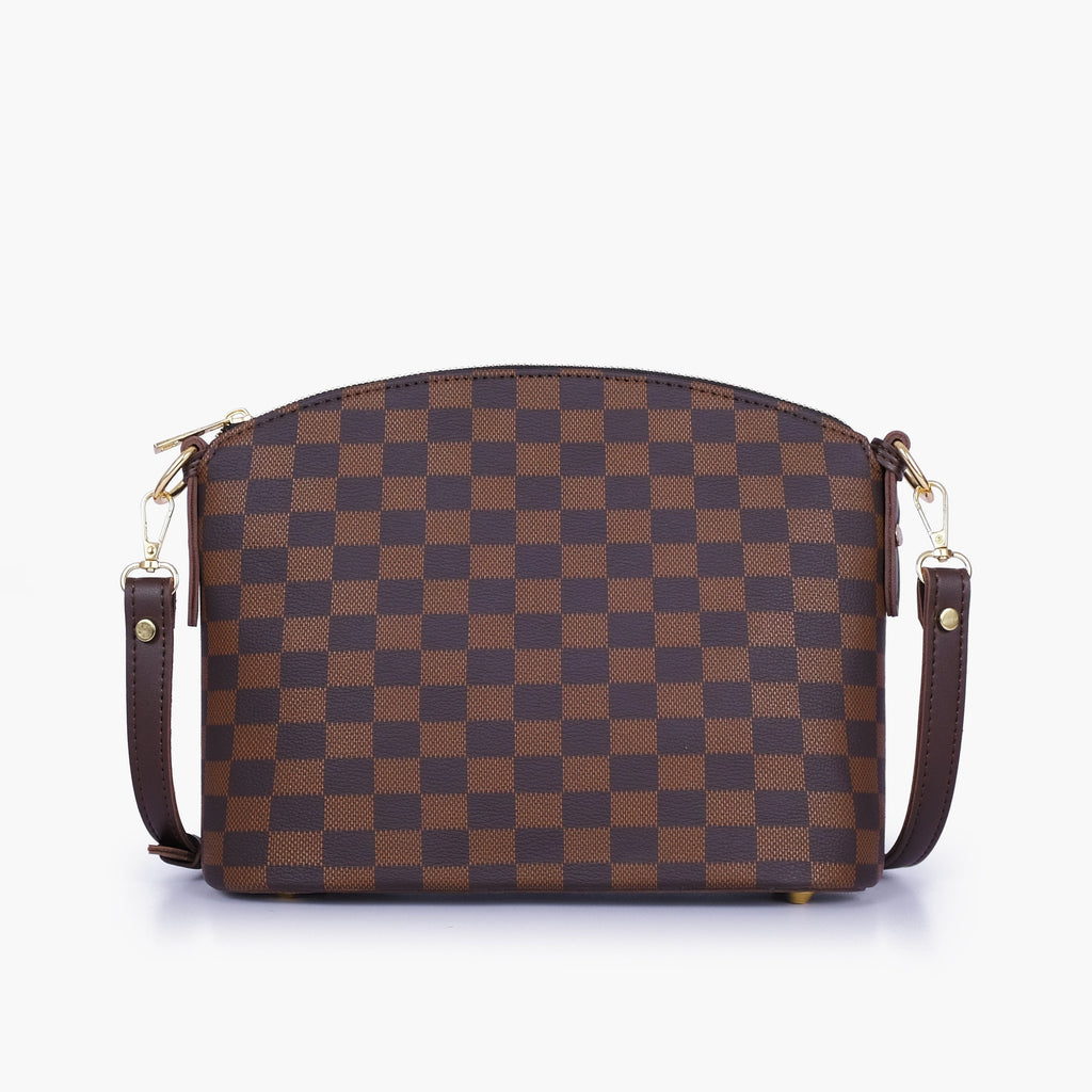 Dark brown checkered dome cross-body bag