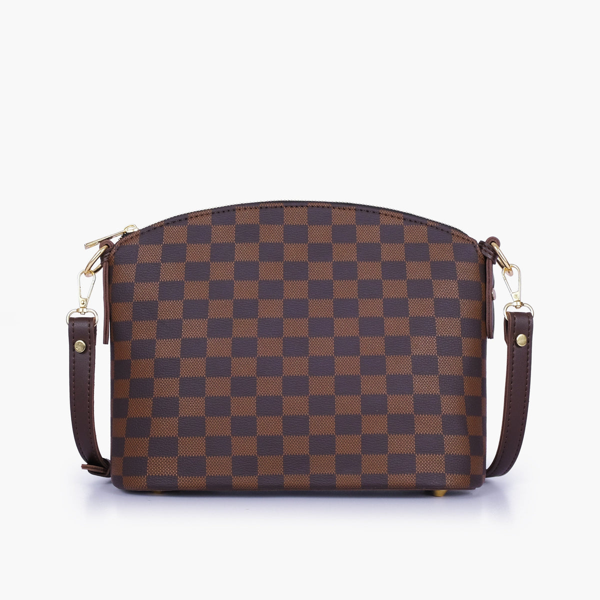 Dark brown checkered dome cross-body bag